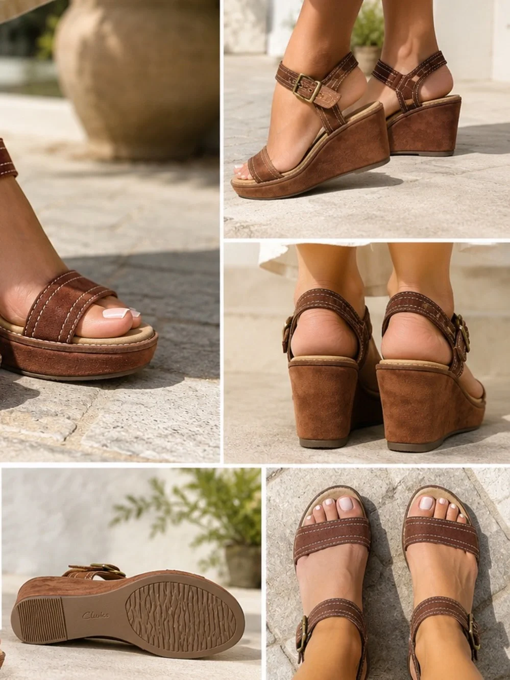 Clarks Brown Suede Ankle-Strap Wedge Sandals 11M